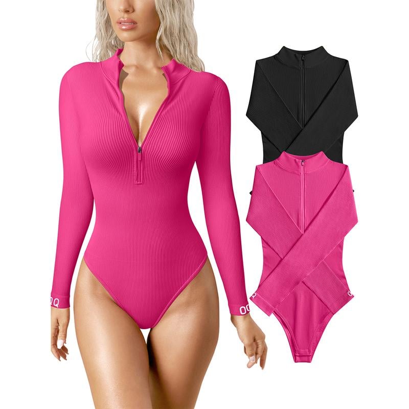 ✨ Women's 2-Piece Ribbed Bodysuits – Sexy Zip Front Long Sleeve One-Piece Tops