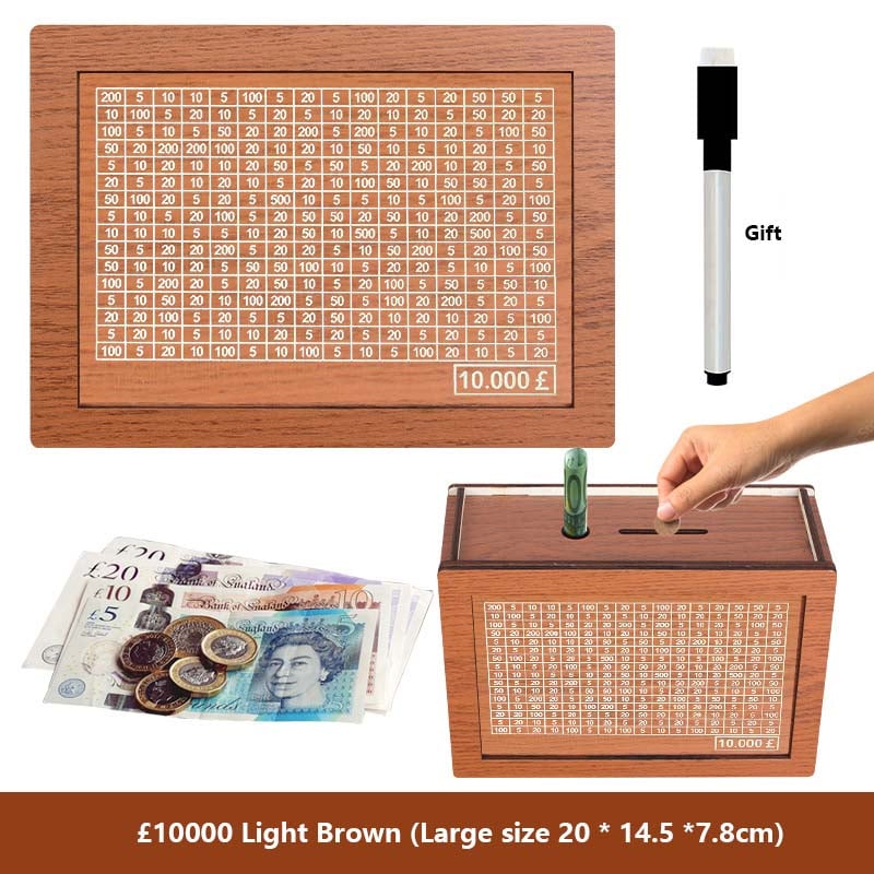 🔥Hot Sale🔥1000/3000/5000/10000 Wooden Money Box - Reusable Savings Target Bank for Home Decoration and Financial Goals