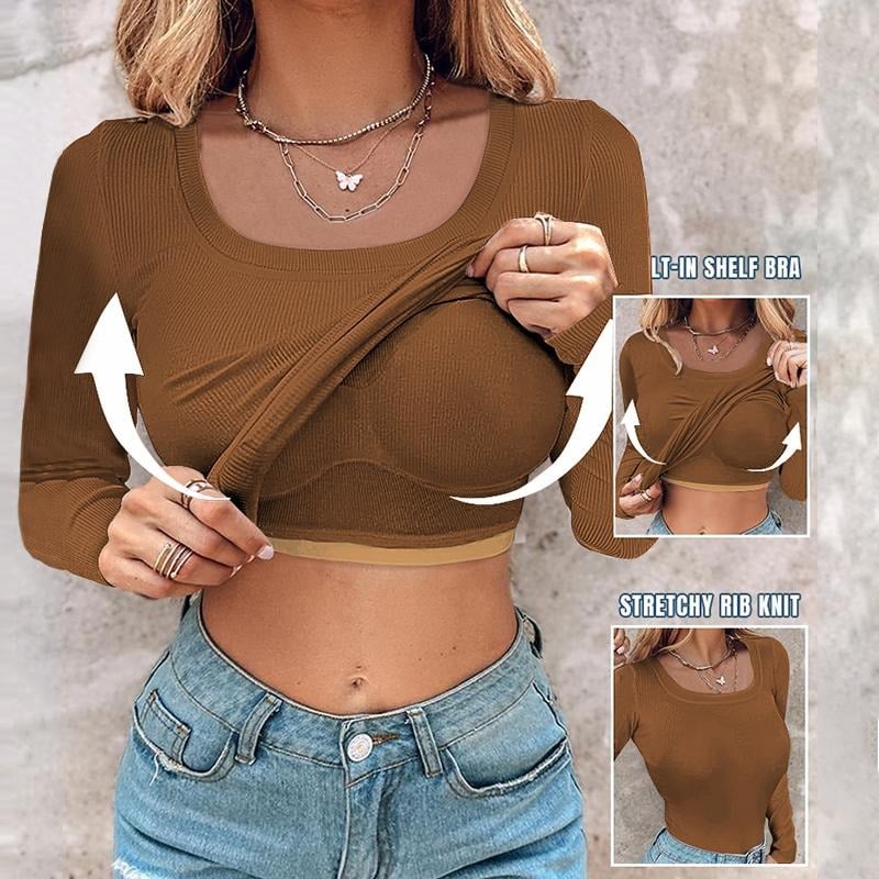 Long Sleeve Top with Built In Bra Round Neckline
