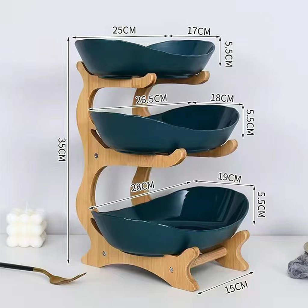 3-Tier Vertical Fruit Basket with Bamboo Stand - Space-Saving Oval Bowl Organizer for Kitchen Counters & Pantries