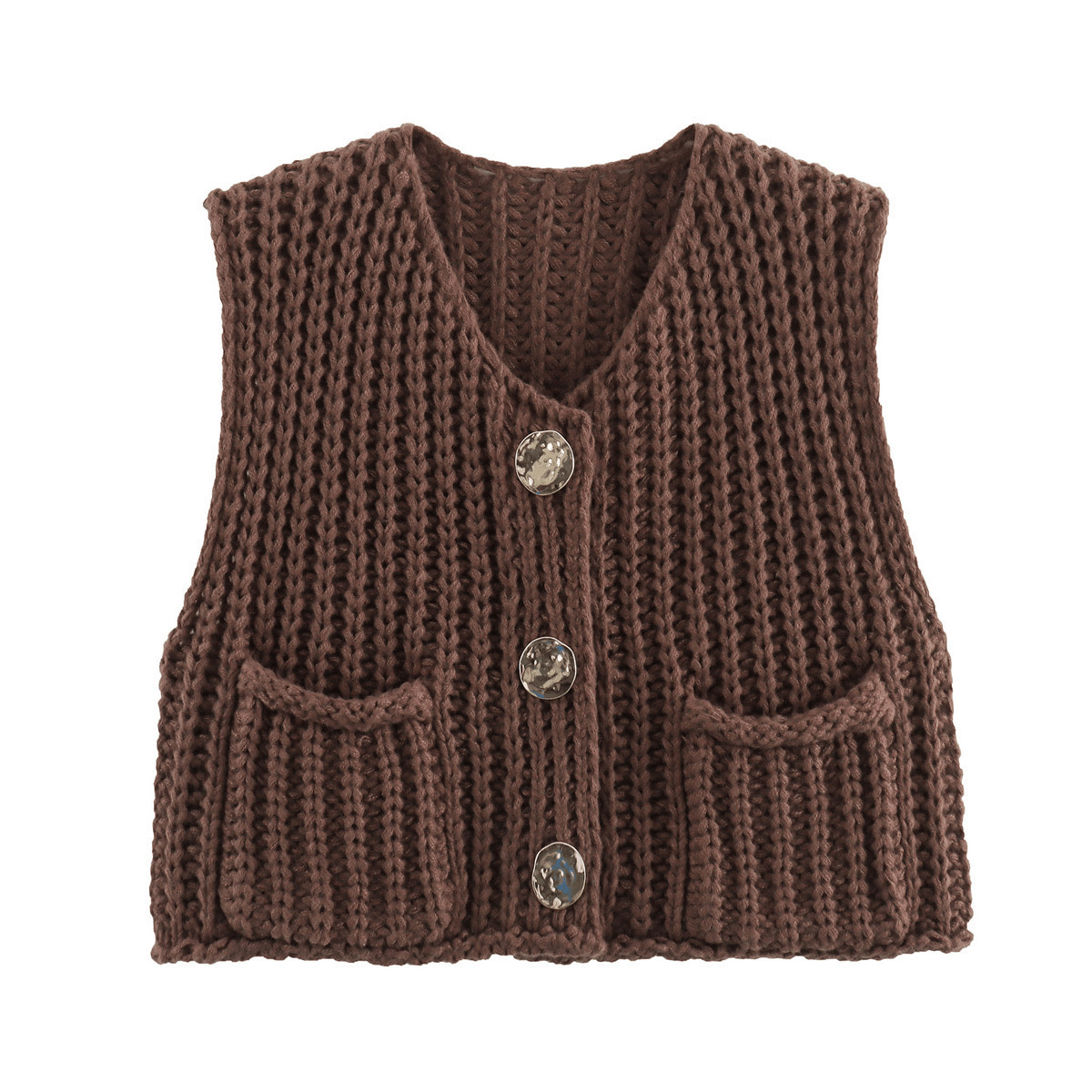 Women's Plain Button Front Pocket Sleeveless Cardigan