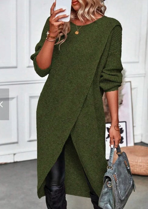 Women’s Irregular Hem Solid Color Sweater Dress – Soft Knit, Slim-Fit for Date/Commute/Winter