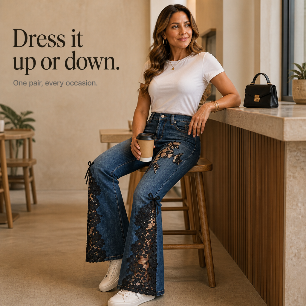 Black Floral Lace Panel Flare Jeans