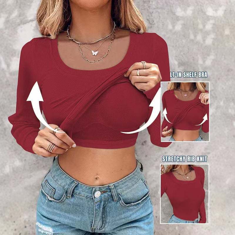 🎁🔥Neck Built-in Bra Long Sleeve Ribbed Top Shirts Elegant Skinny Fit Fabric