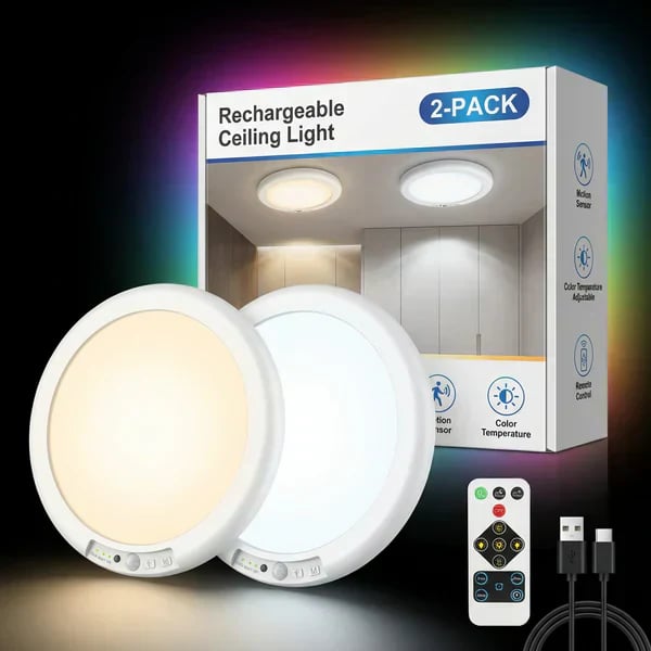💡Rechargeable Motion Sensor Ceiling Light with Remote - Magnetic Wireless Ceiling Light Battery Powered