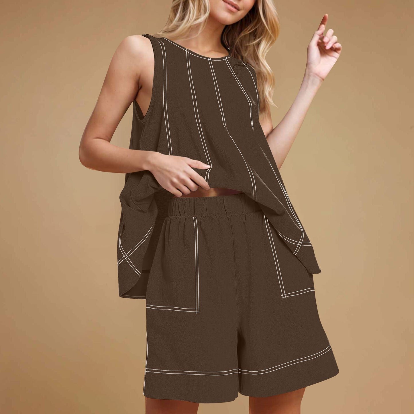 🏖️Summer Hot🌼Women's Round-Neck Tank Top & High-Waisted Shorts Set