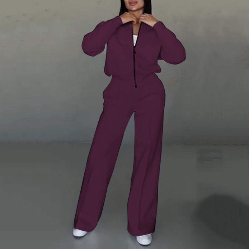 💖Women's Two-Piece Relaxed Fit Set - Zippered Jacket and Wide-Leg Pants