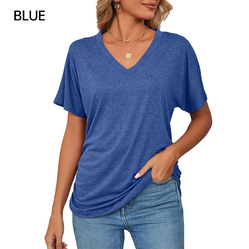 🌸Women's V-Neck Loose Soft Solid Color Short Sleeve Top