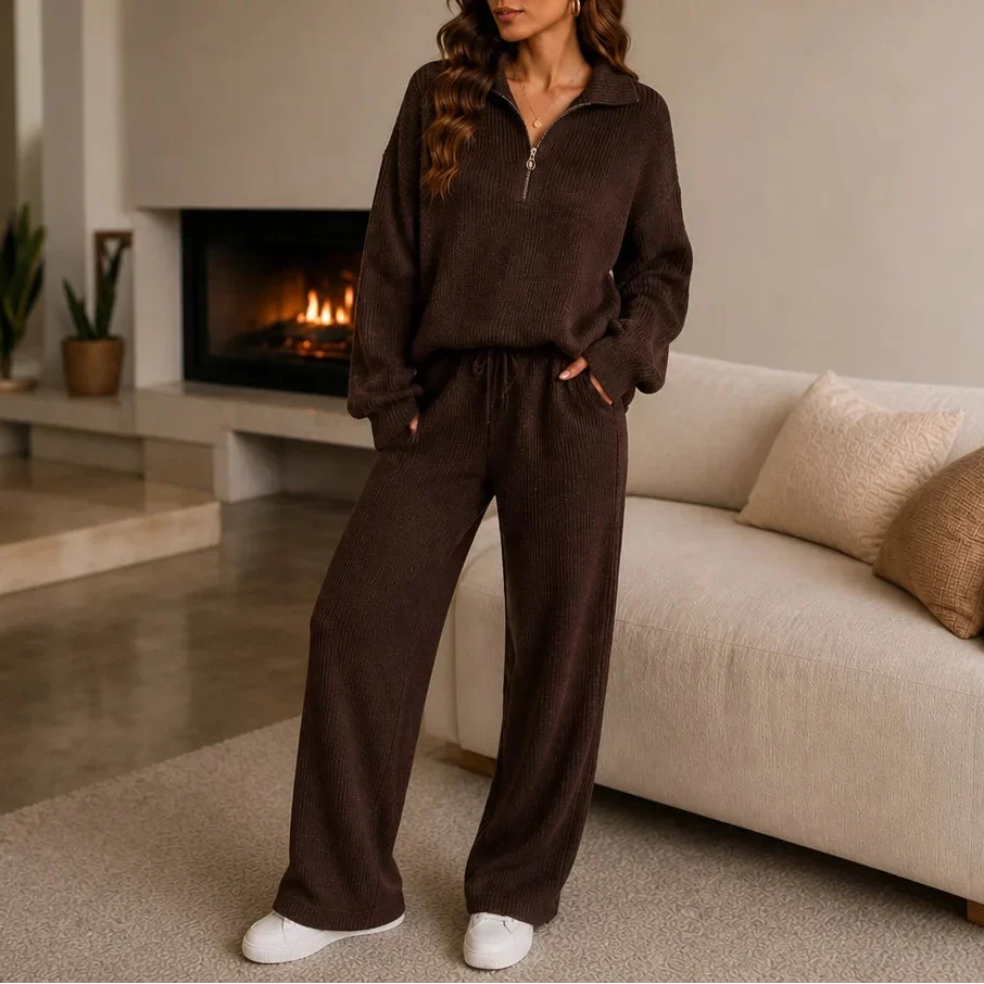 Ribbed Double-Knit Sweater And Wide-Leg Pants Set