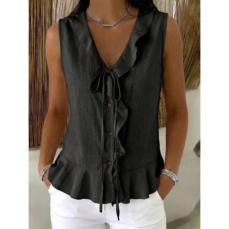 Women's Sleeveless Ruffle Trim V-Neck Top