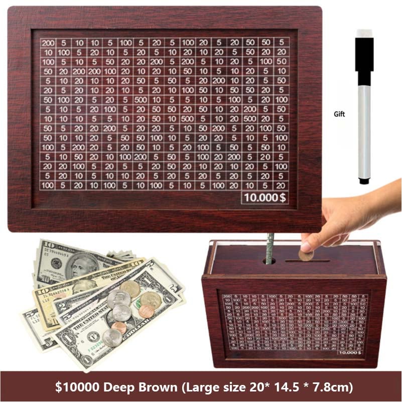 🔥Hot Sale🔥1000/3000/5000/10000 Wooden Money Box - Reusable Savings Target Bank for Home Decoration and Financial Goals
