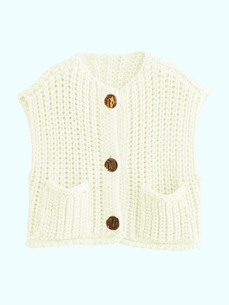 Women's Plain Button Front Pocket Sleeveless Cardigan