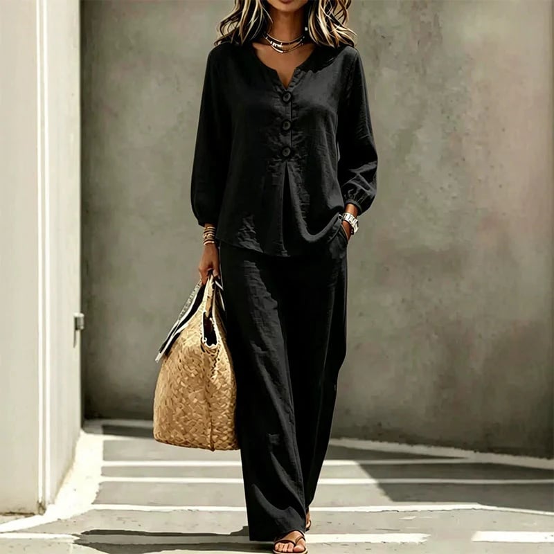 🌿Women's Cotton-Linen V-Neck Long Sleeve Top & Pants Set