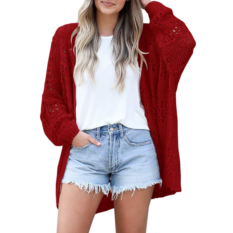 🔥 Women's Cotton Lightweight Crochet Cardigan Long Sleeve Open Front Oversized Summer Sweater Batwing Beach Fashion