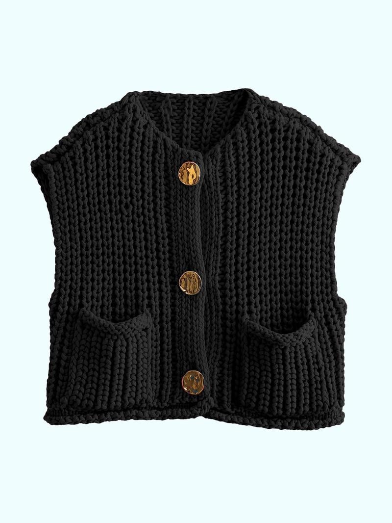 Women's Plain Button Front Pocket Sleeveless Cardigan