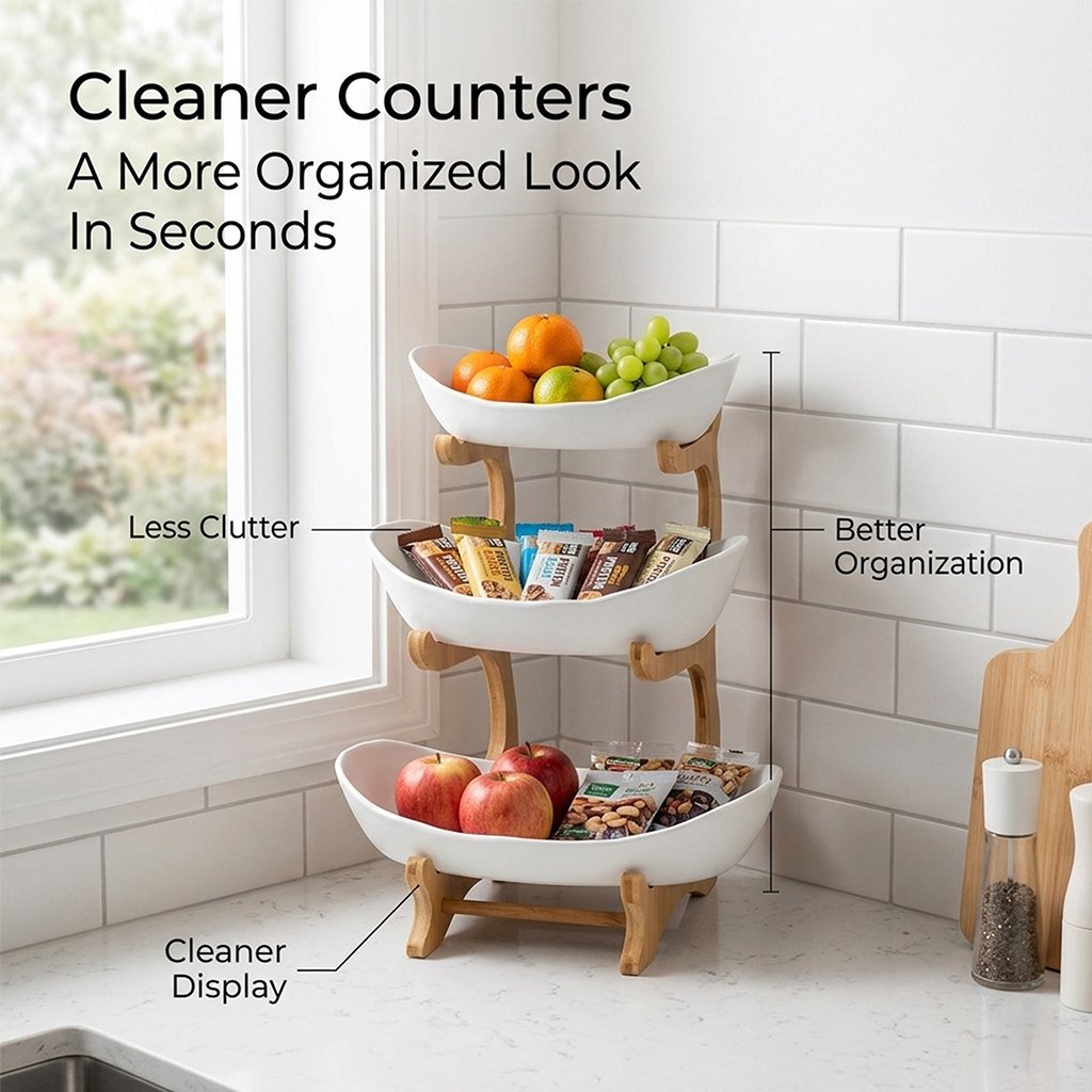 3-Tier Vertical Fruit Basket with Bamboo Stand - Space-Saving Oval Bowl Organizer for Kitchen Counters & Pantries
