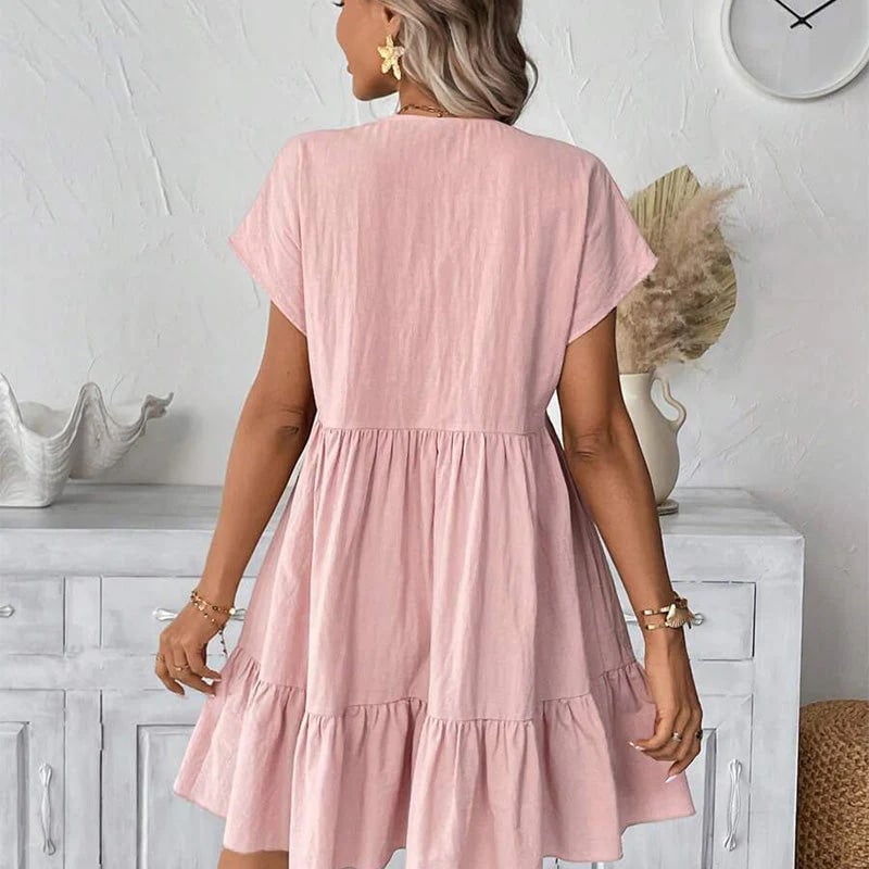 Women's V-Neck Loose-Fit Dress with Ruffle Hem 👗 Flattering V-Neck, Playful Ruffles – Your Go-To for Easy, Breezy Days ✨
