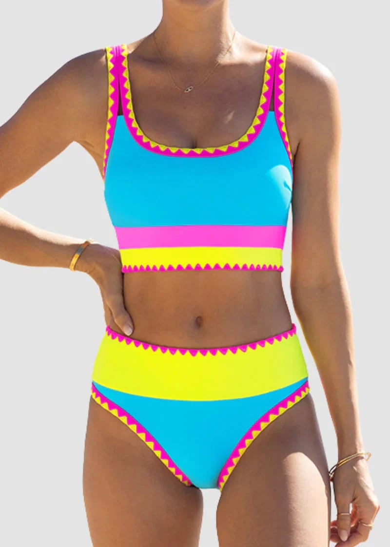 👙Color Block Patchwork Sporty 3-Piece Bikini Set - High Waisted & Tummy Control Swimsuit💃🌈