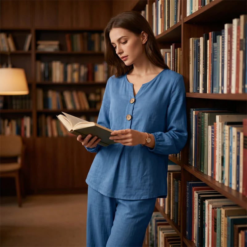 🌿Women's Cotton-Linen V-Neck Long Sleeve Top & Pants Set