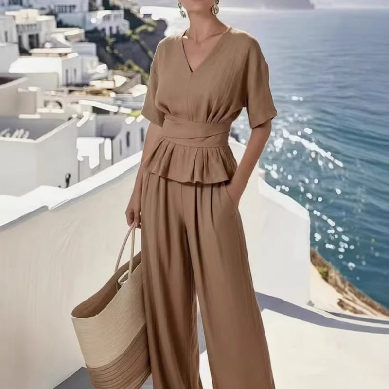 Women's Wrap Waist Top & Wide-Leg Pants Set