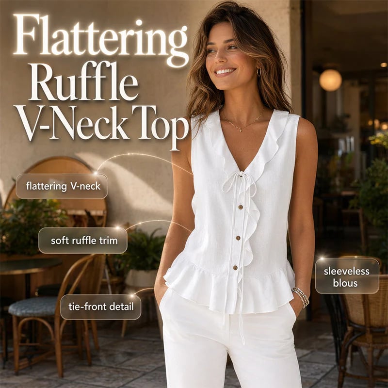 Women's Sleeveless Ruffle Trim V-Neck Top