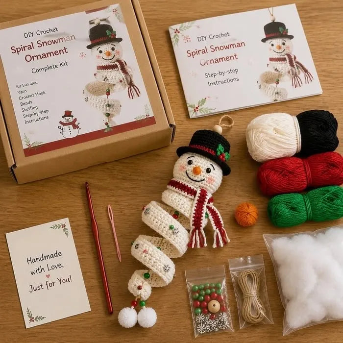 🎉☃️ Crochet Snowman Spiral Ornament DIY Kit | Complete Beginner-Friendly Set with Soft Yarn, Crochet Hook, Festive Beads, Snowflakes & Step-by-Step Guide 🧶🎄✨