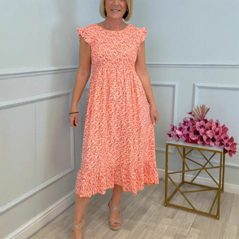 💃Women's Elegant Floral Print High-Waisted Ruffle Cap Sleeve Dress