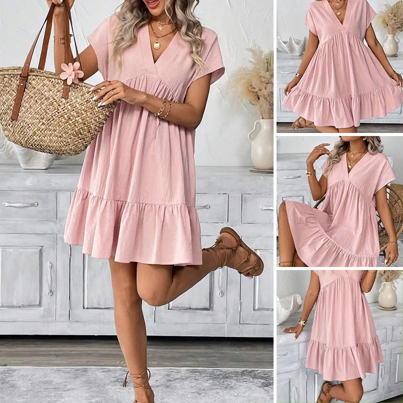 Women's V-Neck Loose-Fit Dress with Ruffle Hem 👗 Flattering V-Neck, Playful Ruffles – Your Go-To for Easy, Breezy Days ✨