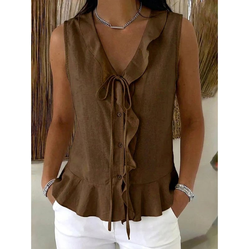 Women's Sleeveless Ruffle Trim V-Neck Top