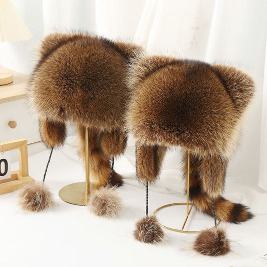 🎁✨Cute Faux fur Raccoon Tail Parent-Child Plush Hat