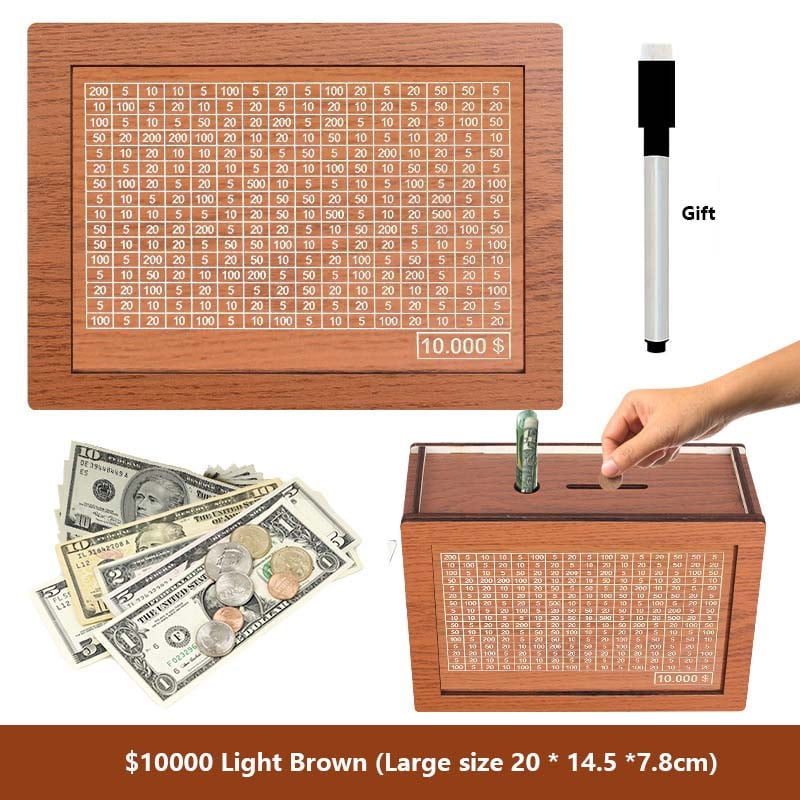 🔥Hot Sale🔥1000/3000/5000/10000 Wooden Money Box - Reusable Savings Target Bank for Home Decoration and Financial Goals