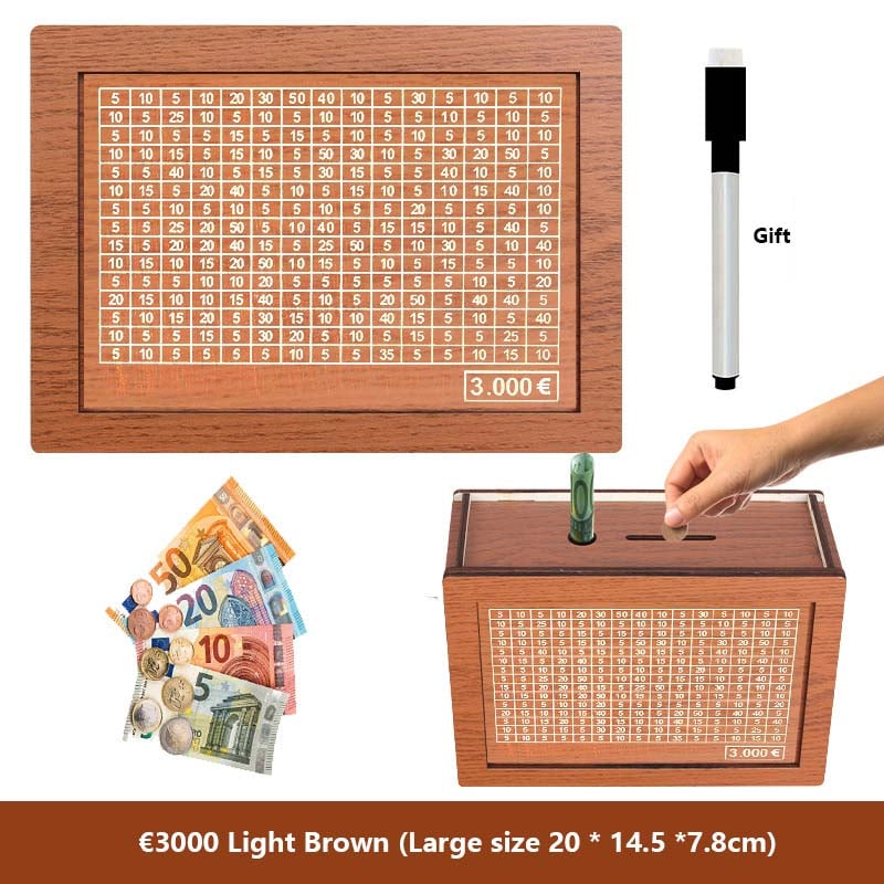 🔥Hot Sale🔥1000/3000/5000/10000 Wooden Money Box - Reusable Savings Target Bank for Home Decoration and Financial Goals