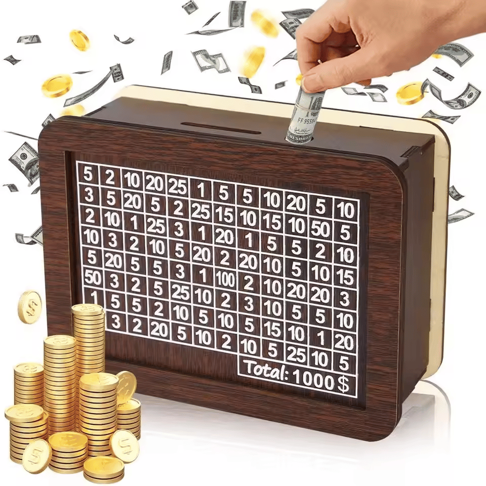 🔥Hot Sale🔥1000/3000/5000/10000 Wooden Money Box - Reusable Savings Target Bank for Home Decoration and Financial Goals