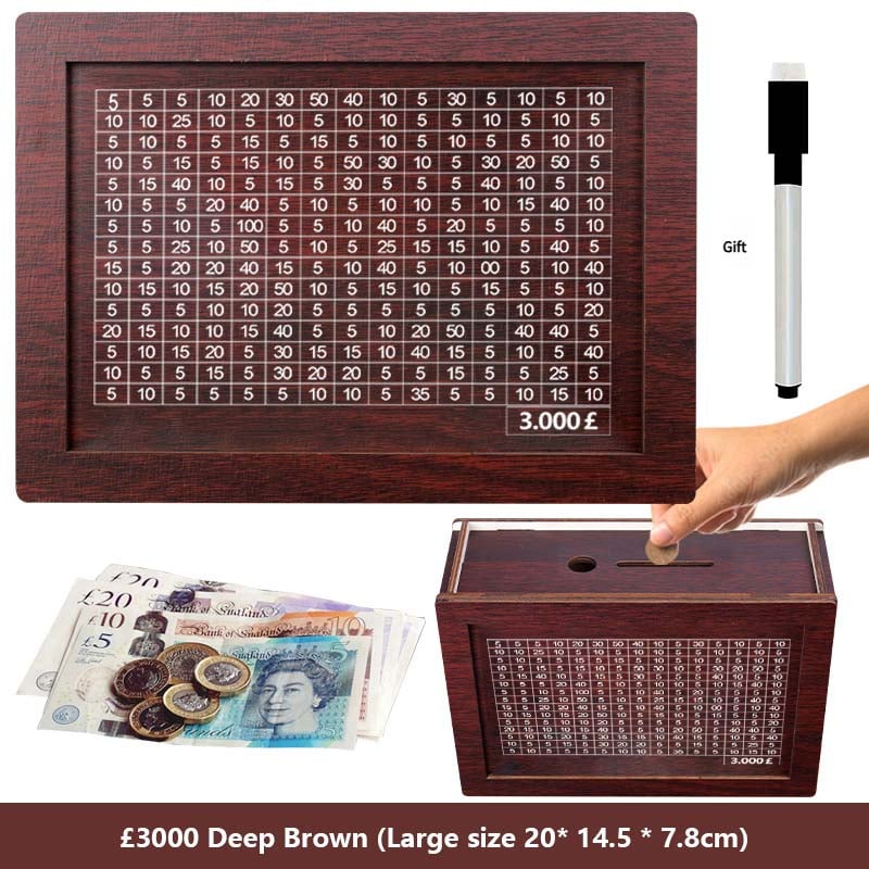 🔥Hot Sale🔥1000/3000/5000/10000 Wooden Money Box - Reusable Savings Target Bank for Home Decoration and Financial Goals