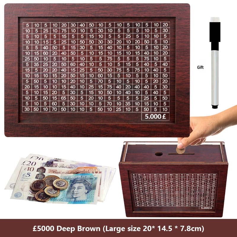 🔥Hot Sale🔥1000/3000/5000/10000 Wooden Money Box - Reusable Savings Target Bank for Home Decoration and Financial Goals