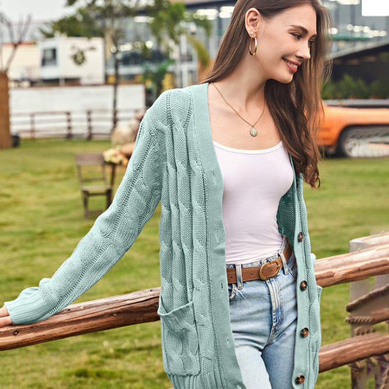 💕Women's Fall Casual Long Sleeve Button Down Open Front Cable Knit Cardigan