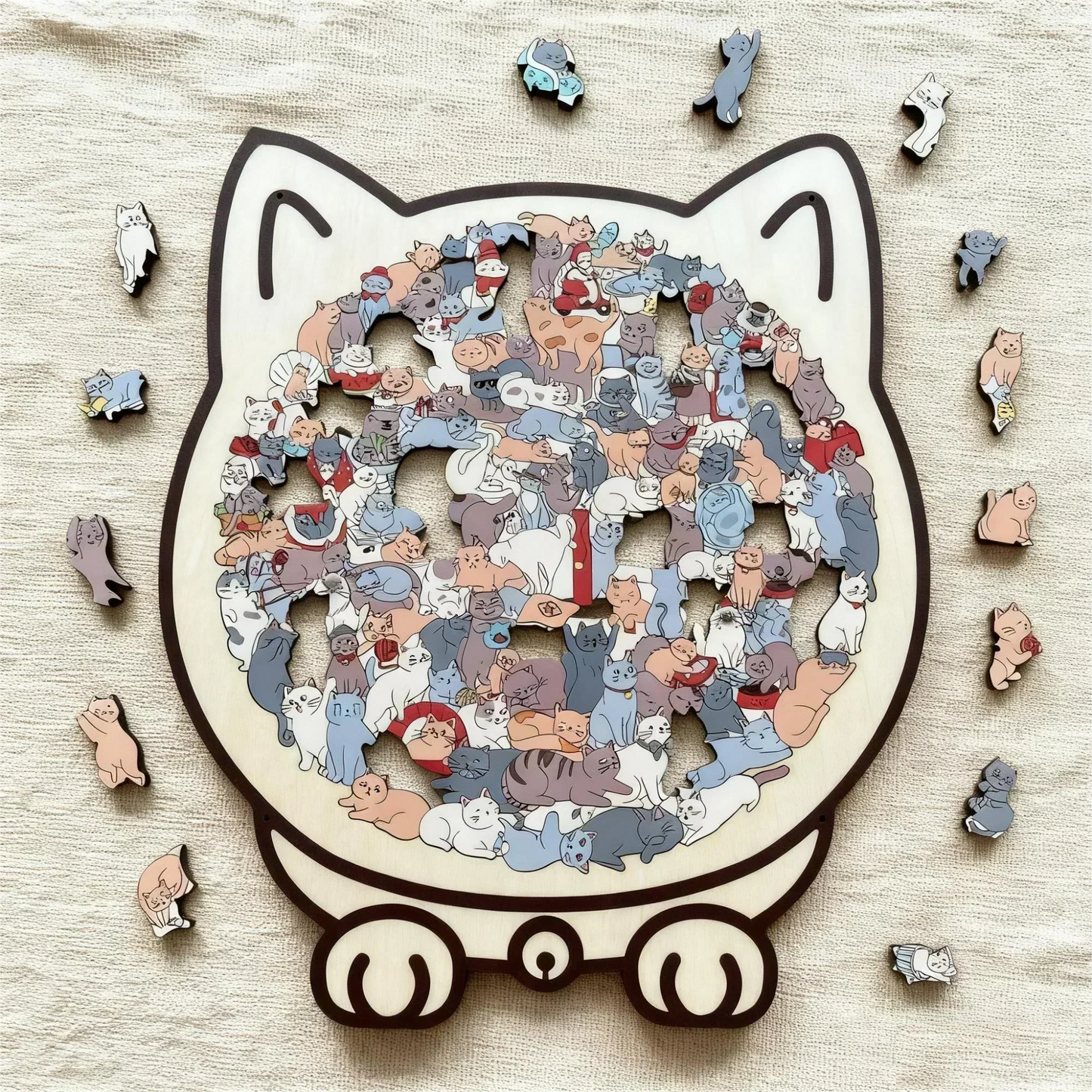 🎅🐱135-Piece Morandi-Colored Cat Shaped Wooden Jigsaw Puzzle