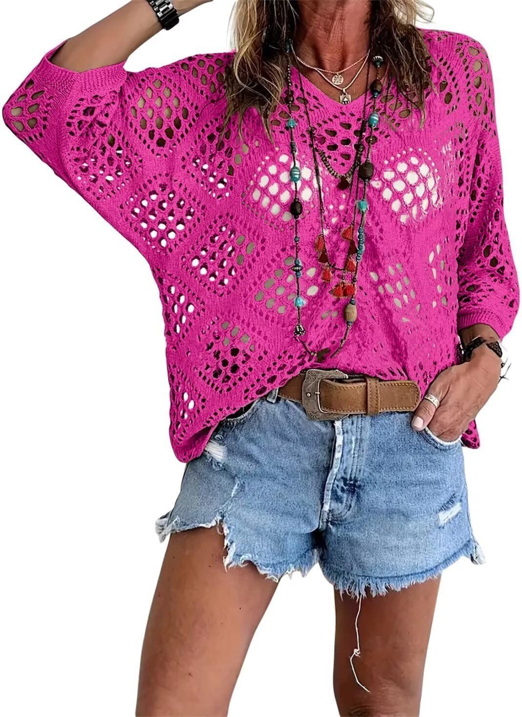 💥🔥Womens Bohemian-Inspired Beige Crochet Top with V-Neck | 11 Colors | S to 5XL