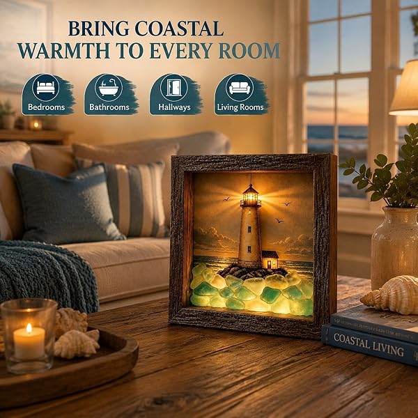 💡Handcrafted: 3D Coastal Lighthouse & Sea Glass Shadow Box Night Light