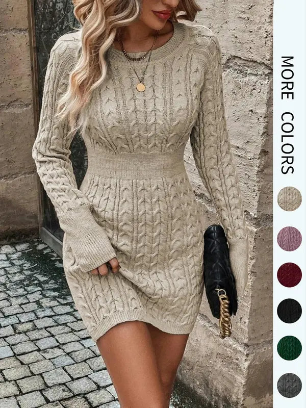 ❄️🖤Women's Winter Plain Round Neck Cable Knit Bodycon Sweater Dress
