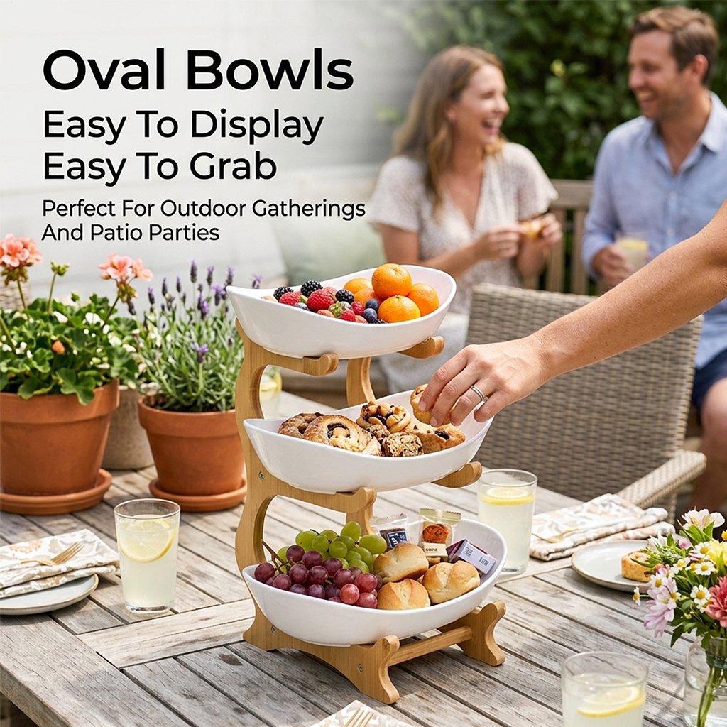 3-Tier Vertical Fruit Basket with Bamboo Stand - Space-Saving Oval Bowl Organizer for Kitchen Counters & Pantries