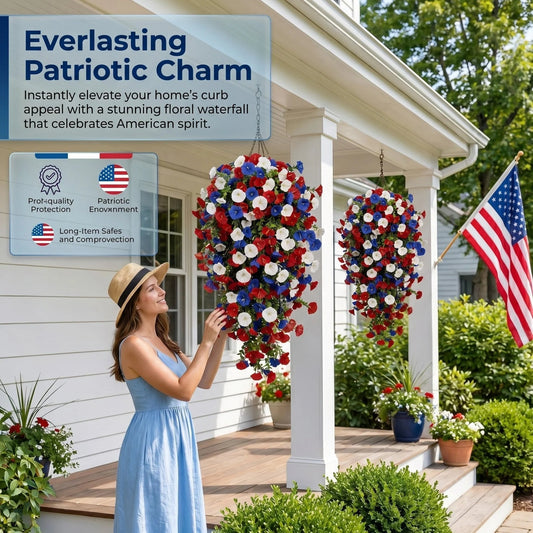🎉Patriotic Hanging Flower Baskets 🔴⚪🔵 - Artificial Outdoor Decor, No Maintenance