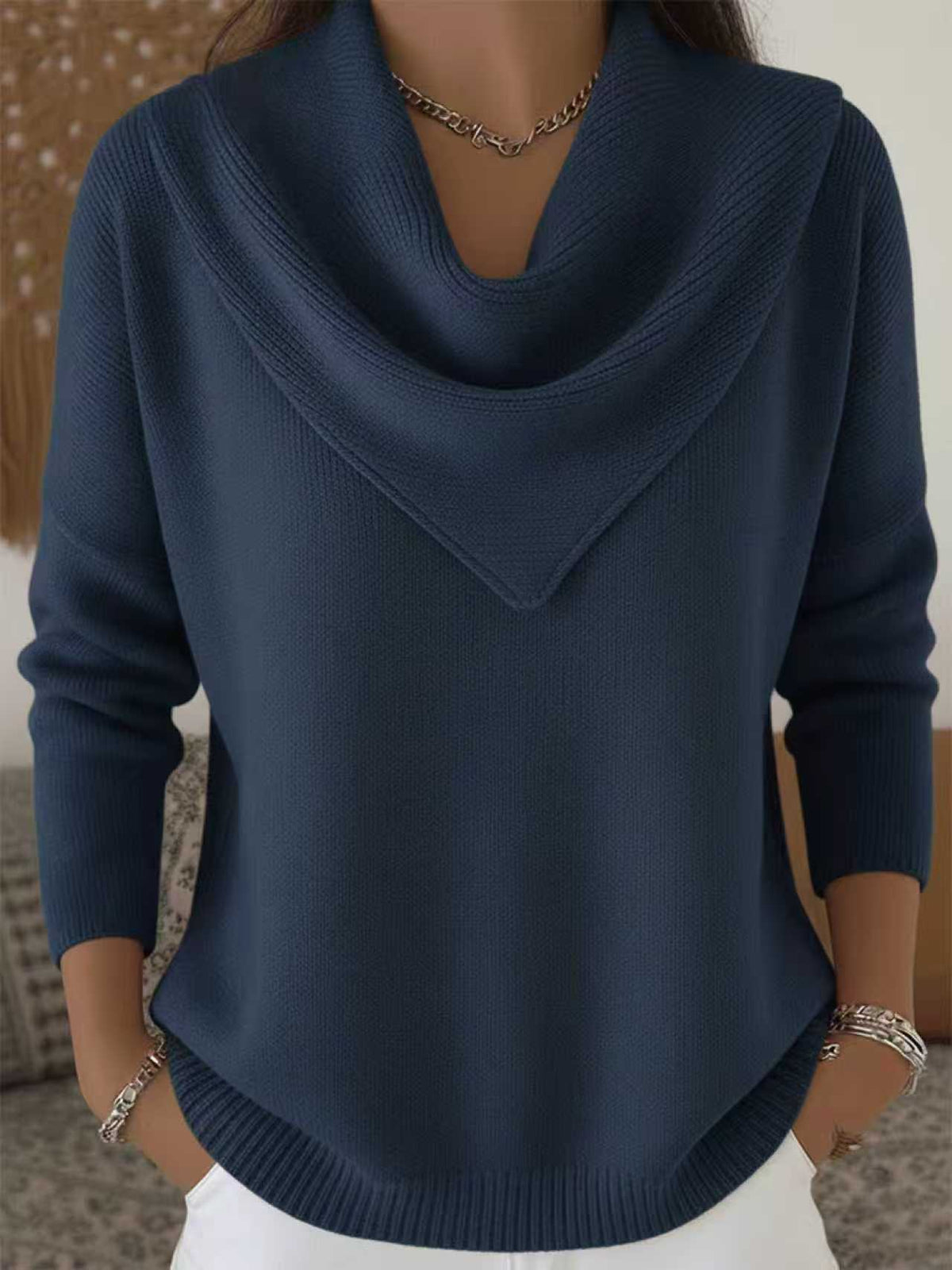 🧥Triangle Neck Solid Color Long Sleeve Tops Casual Sweaters for Women