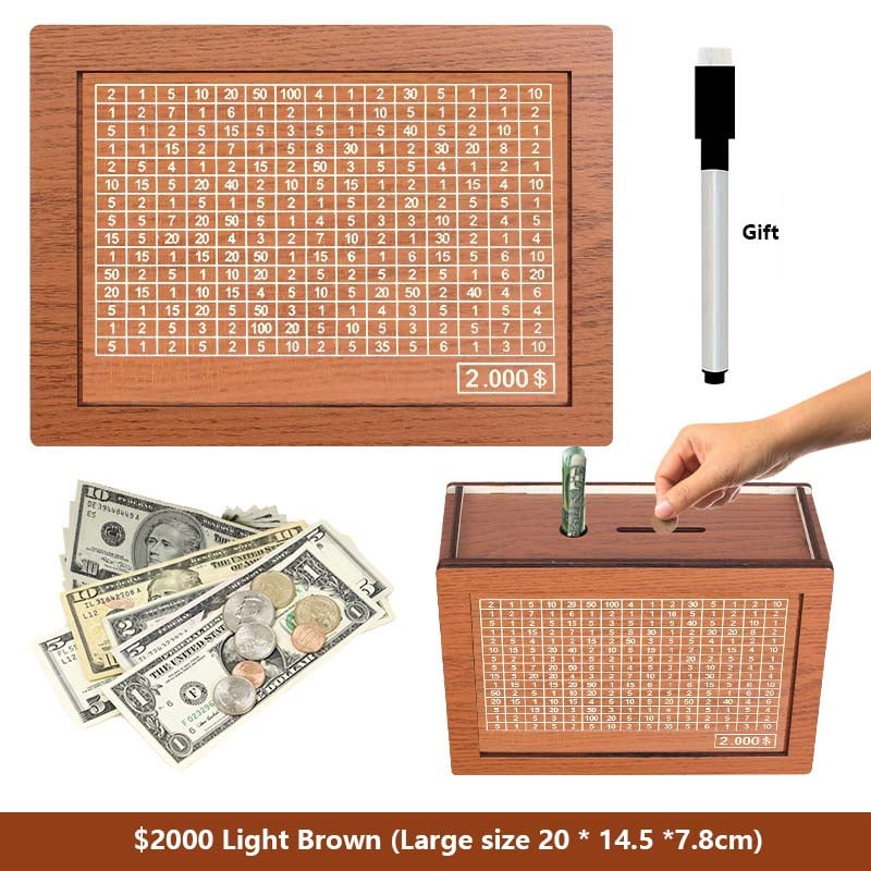🔥Hot Sale🔥1000/3000/5000/10000 Wooden Money Box - Reusable Savings Target Bank for Home Decoration and Financial Goals