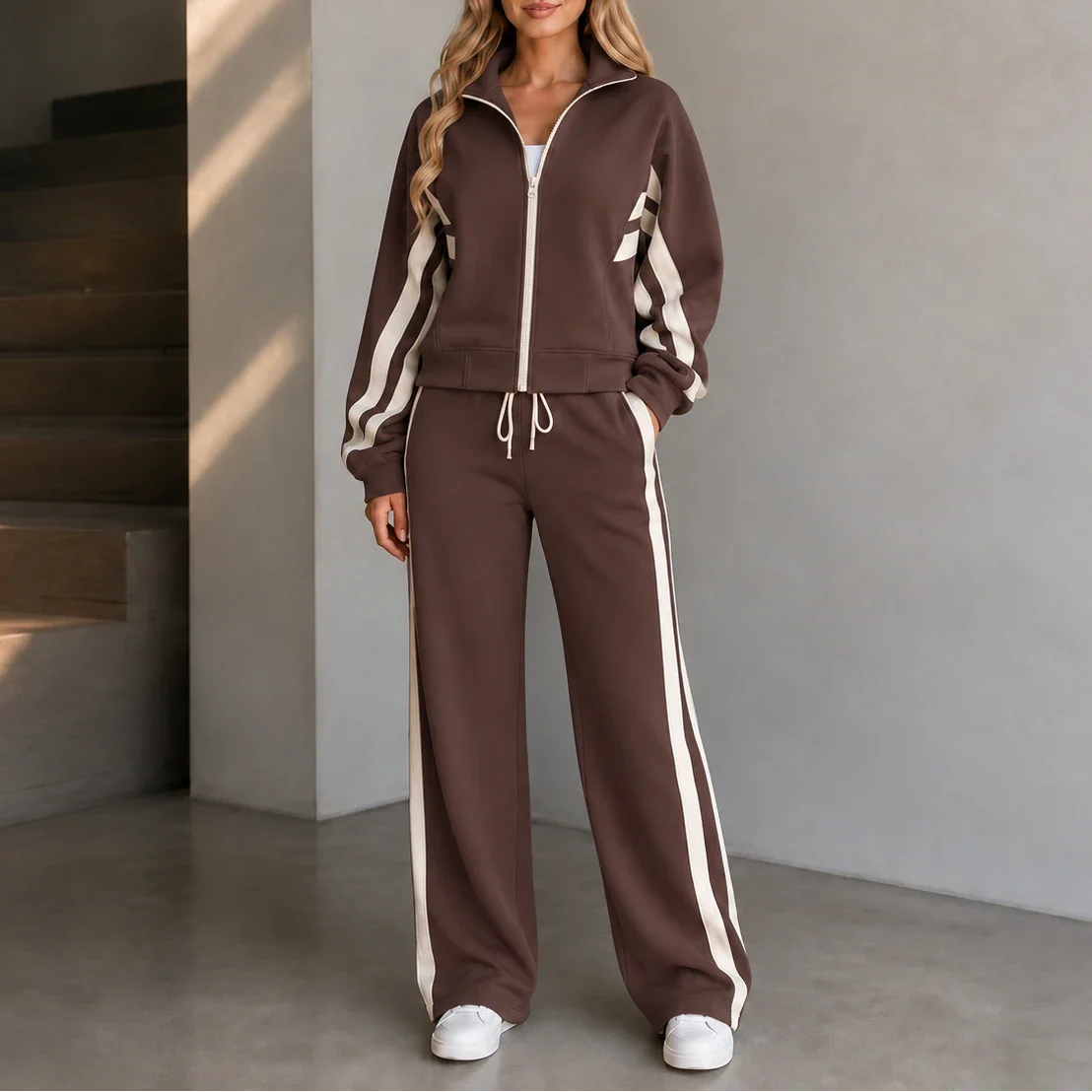 Cream-Striped Sporty Two-Piece Set