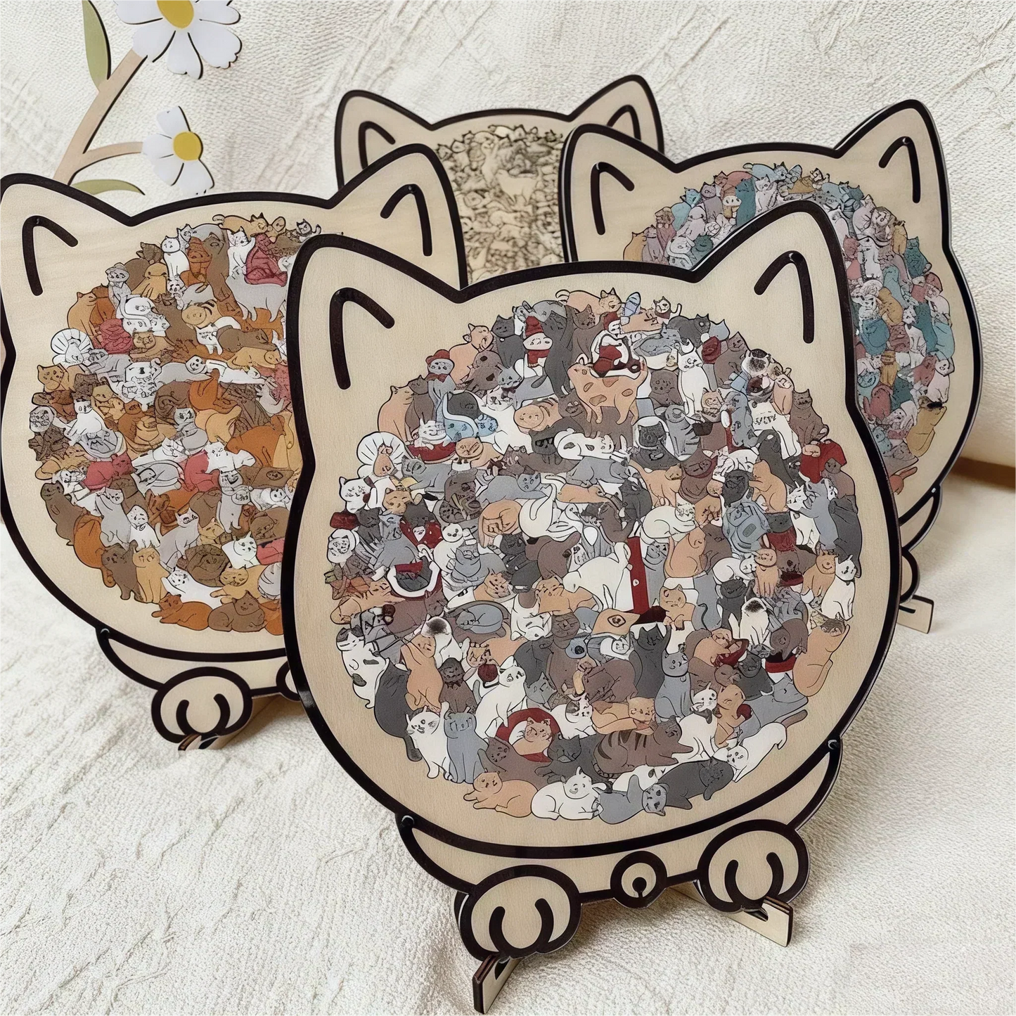 🎅🐱135-Piece Morandi-Colored Cat Shaped Wooden Jigsaw Puzzle