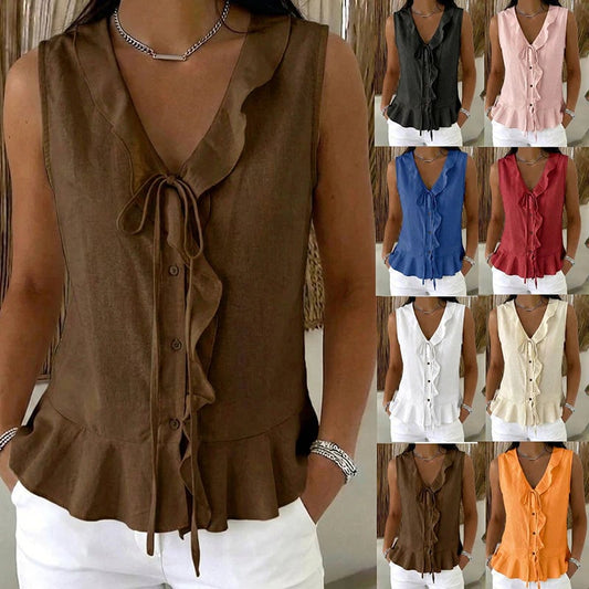 Women's Sleeveless Ruffle Trim V-Neck Top