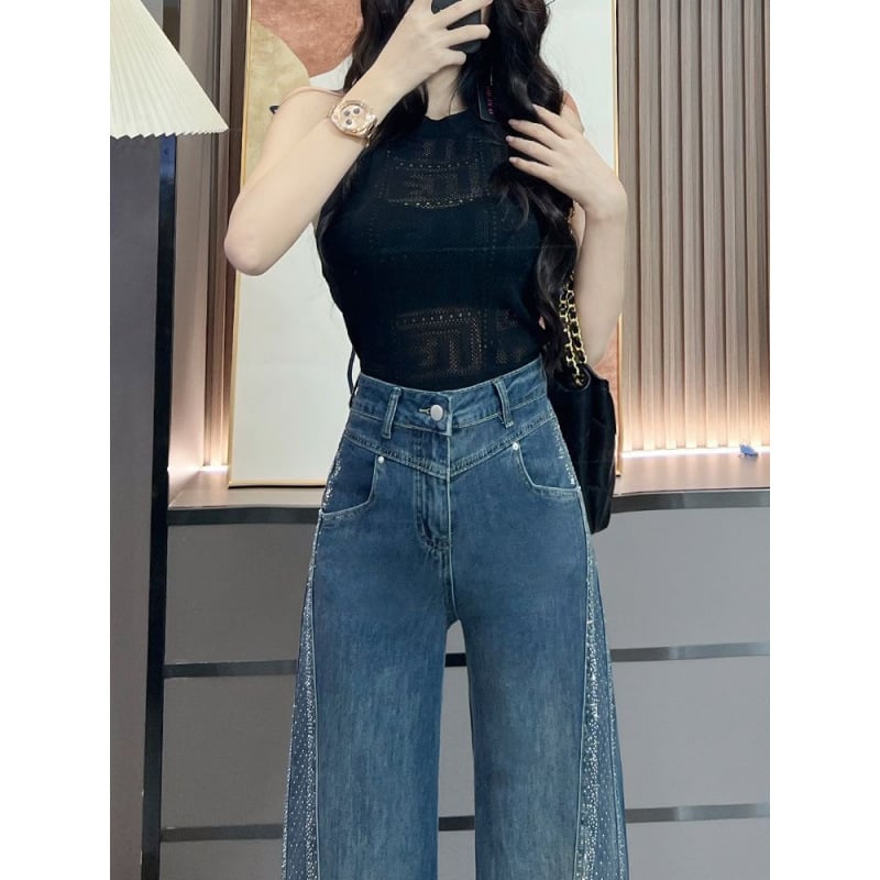 Rhinestone wide-leg flared jeans