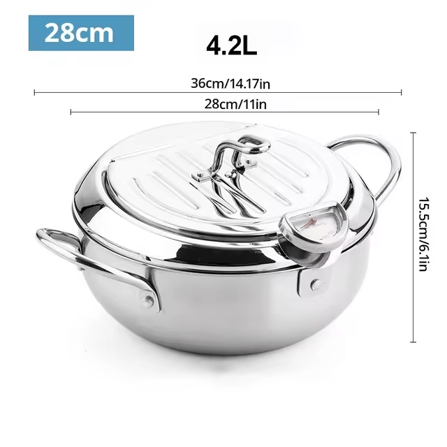 🔥Stainless Steel Frying Pot with Thermometer and Oil Drip Drainer Rack🎉