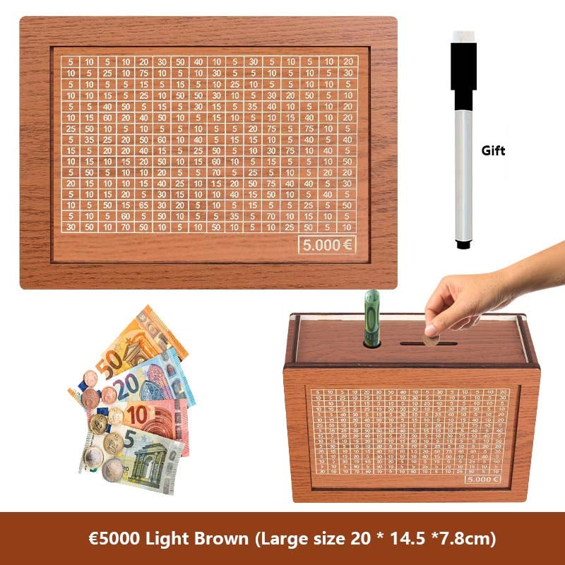 🔥Hot Sale🔥1000/3000/5000/10000 Wooden Money Box - Reusable Savings Target Bank for Home Decoration and Financial Goals